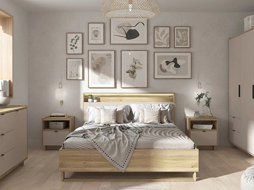 DALVA postel 160 cm + rošt a LED osvětlení, dub mauvella/kashmir